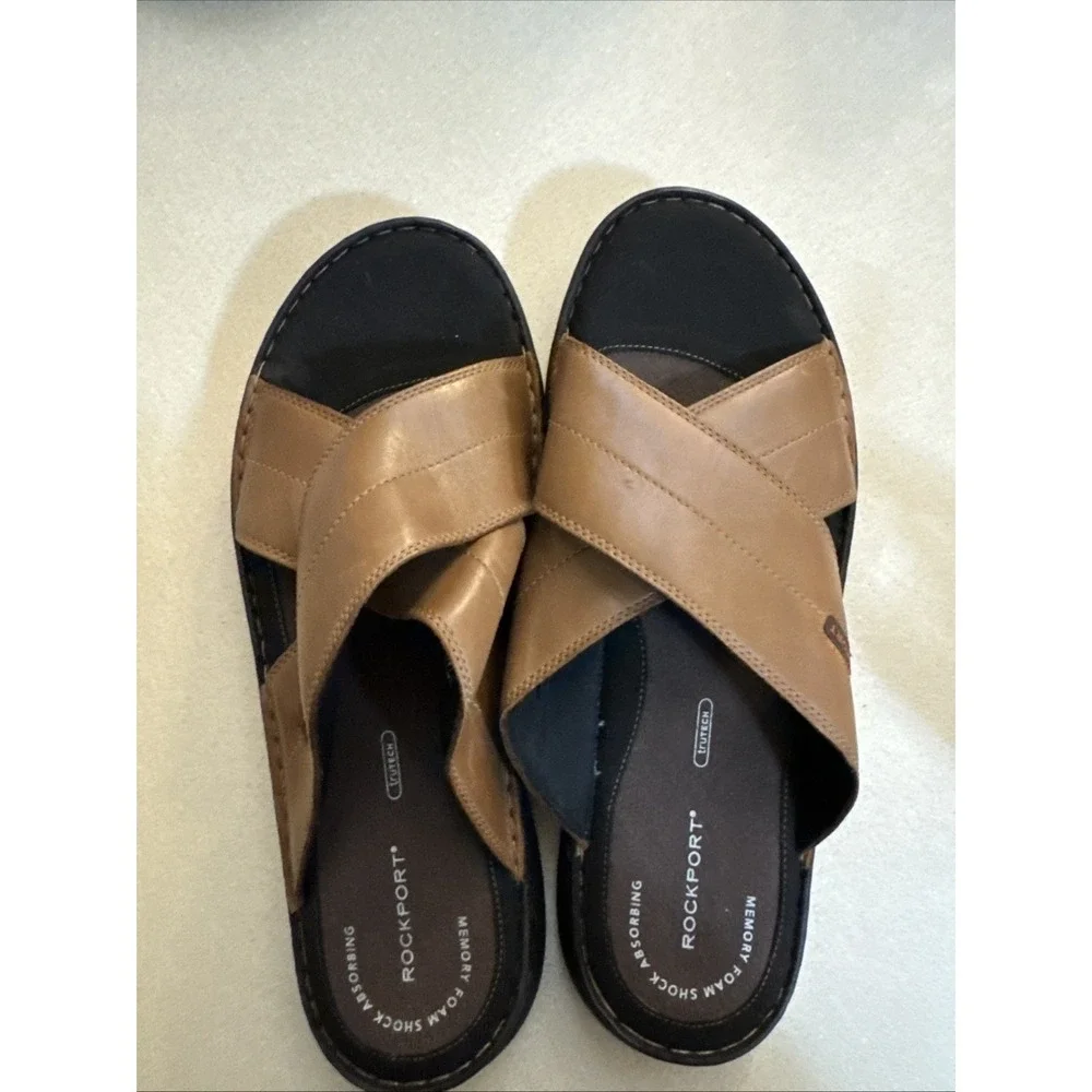 Rockport Trutech Darwyn X 14W Brown Leather Slip On Slide Sandal
